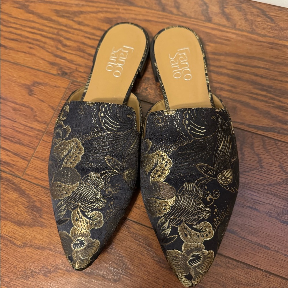 Franco Sarto Elegant Black and Gold Floral Mules